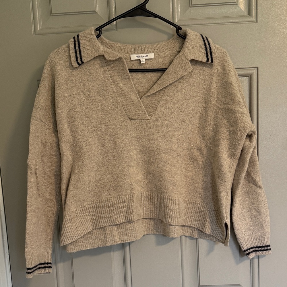 Madewell Cream V-Neck Polo Sweater with Black Trim